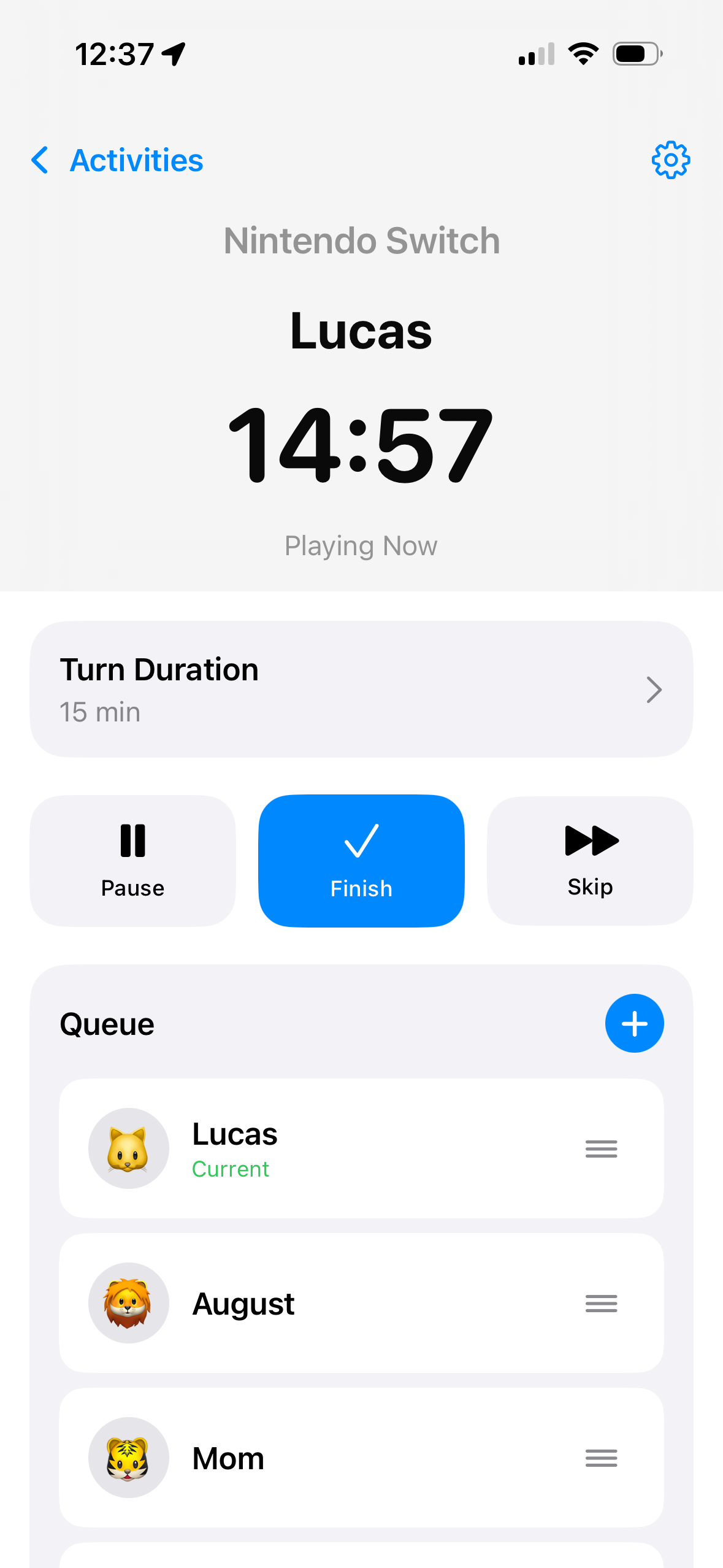 WhoseTurn app interface showing a shared activity and turn timer